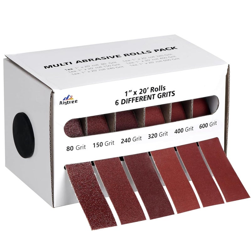 Alytree 6 Grits Emery Cloth Roll, 80 150 240 320 400 600 Grits Abrasive Sand Paper for Metal and Wood Furniture with Dispenser - 6M Red Sandpaper Rolls - Image 1